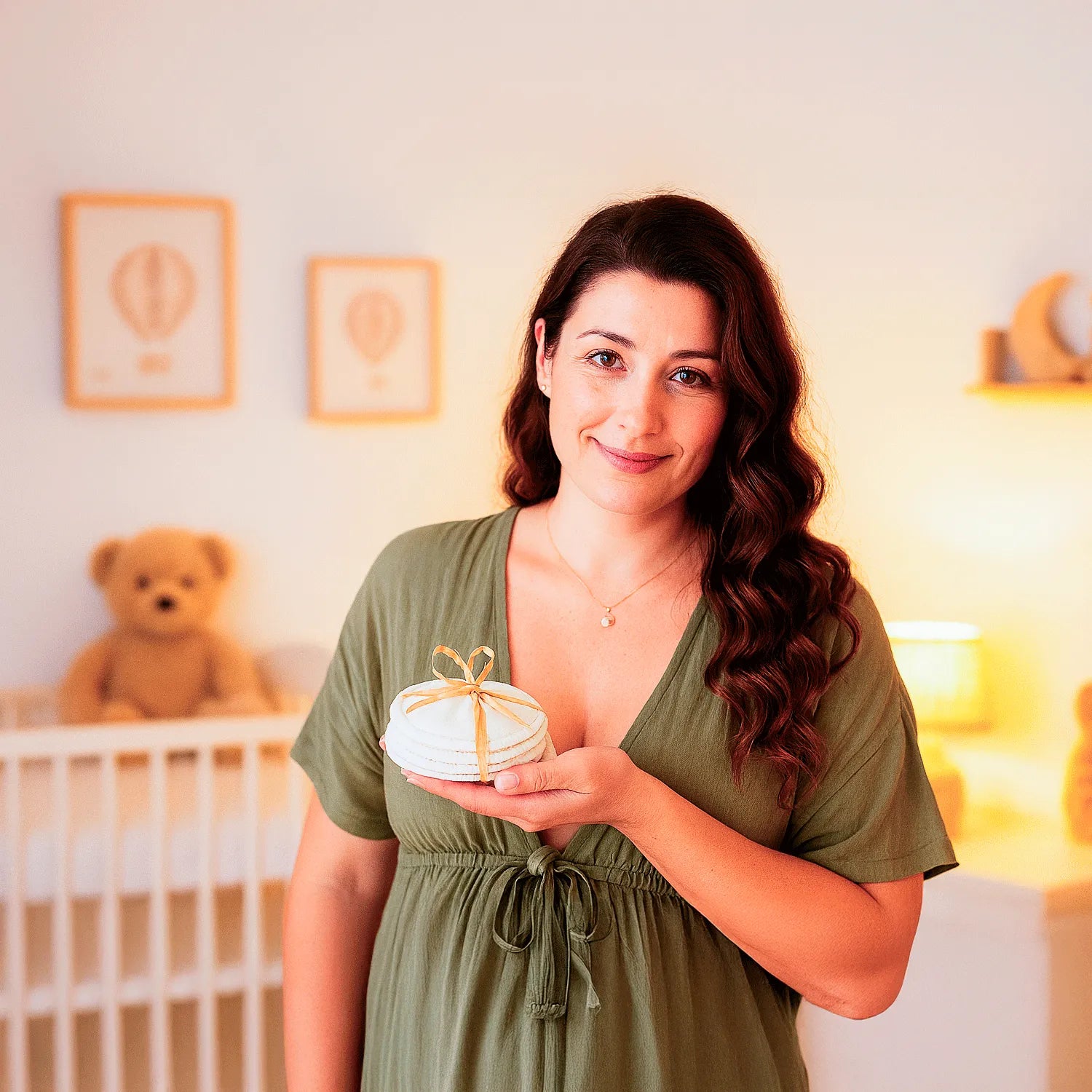 Mamá mostrando pack de 4 pares de absorbentes de leche reutilizables Pequelandia en habitación infantil