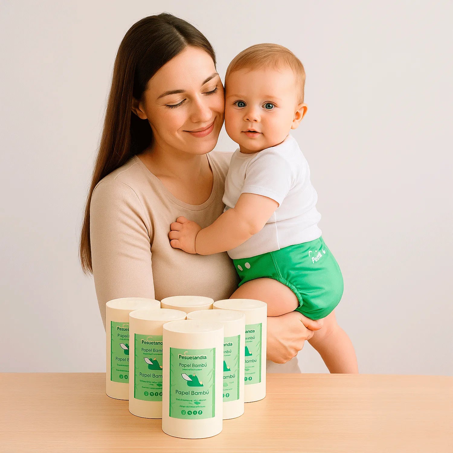Mamita con su bebé usando pañal reutilizable, junto a 6 rollos de papel bambú Pequelandia sobre la mesa – láminas biodegradables para pañales de tela