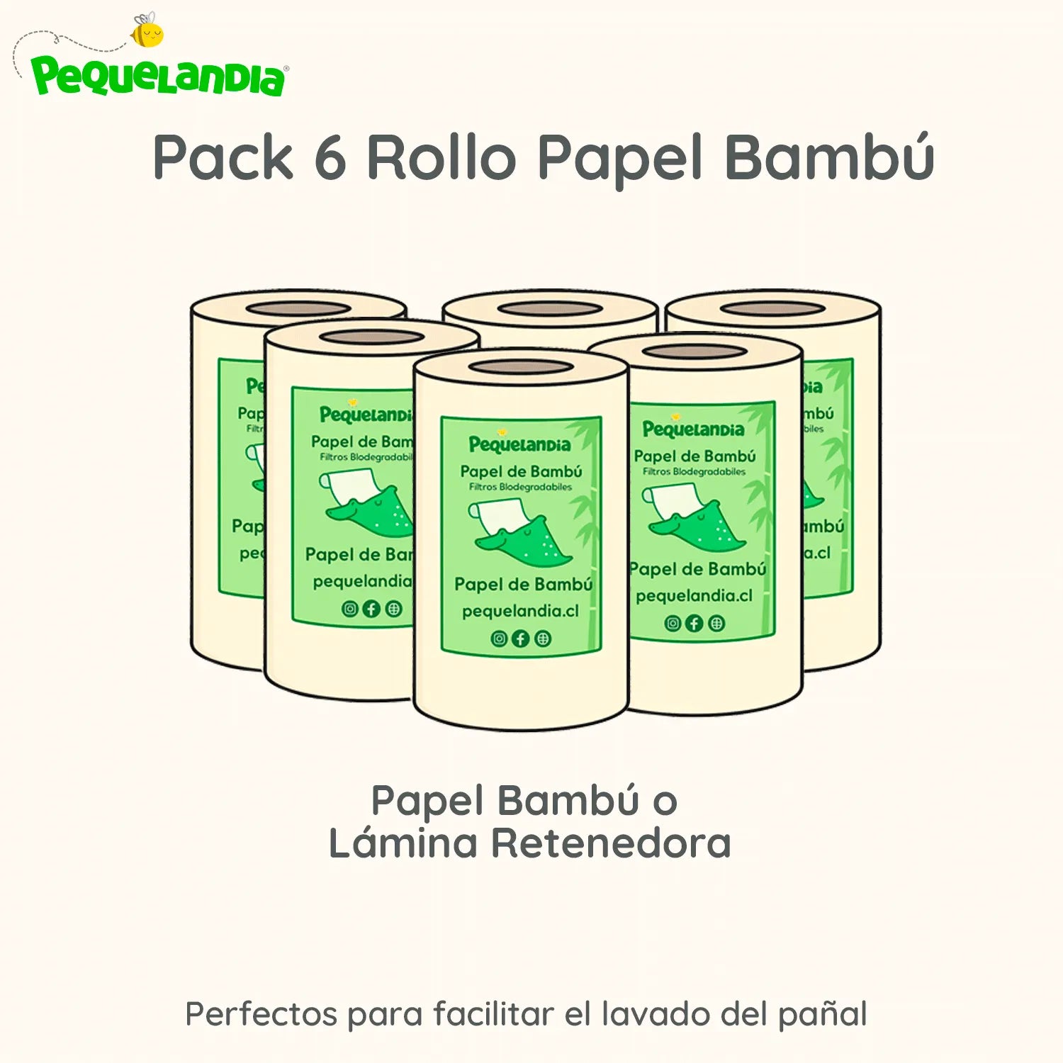Pack 6 Rollos de Papel Bambú Pequelandia – láminas retenedoras biodegradables para pañales de tela