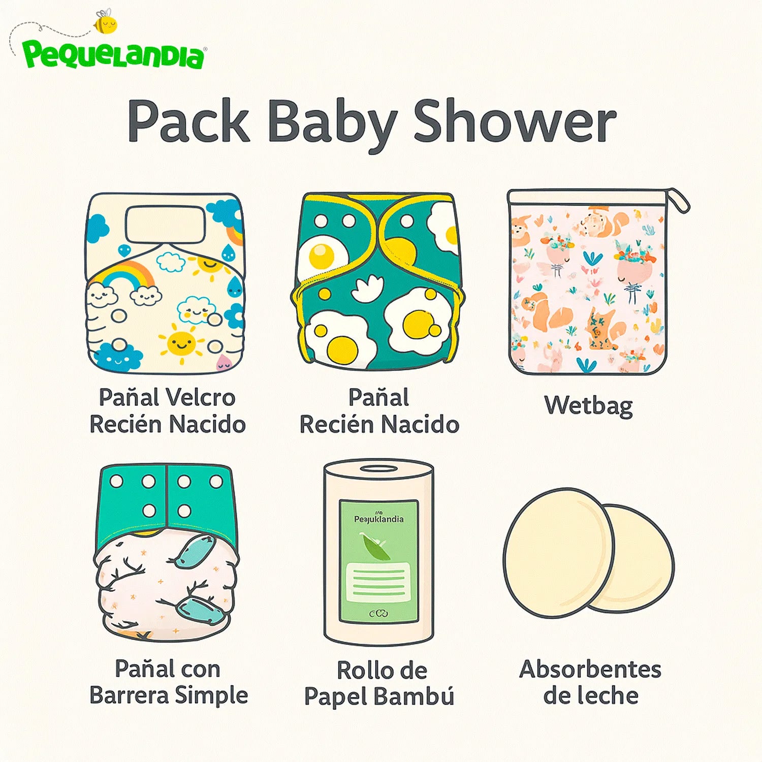 Infografía del Pack Baby Shower con pañales ecológicos, wetbag y accesorios reutilizables de Pequelandia