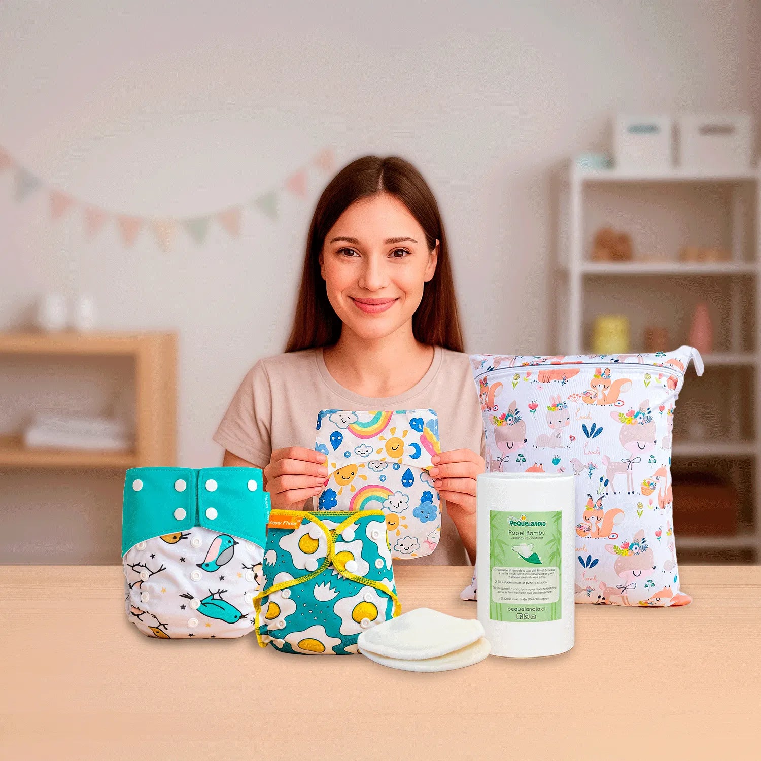 Mamá mostrando Pack Baby Shower con pañales ecológicos, wetbag, papel bambú y absorbentes de leche reutilizables Pequelandia sobre una mesa en dormitorio infantil