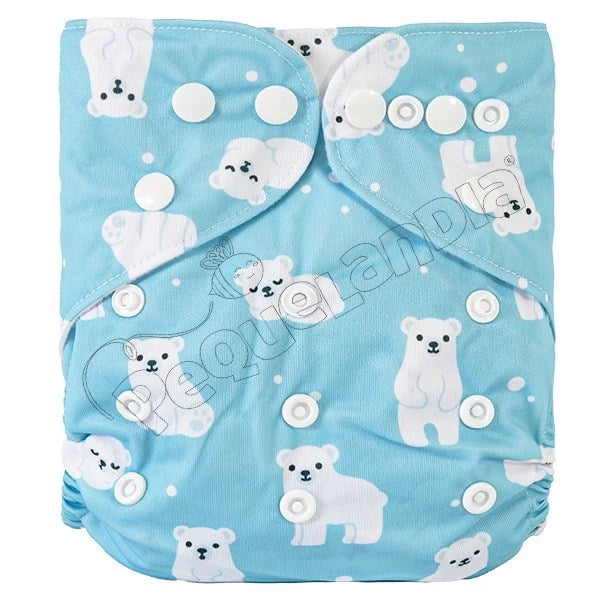 Pañal de Tela Ecológico – Osito Polar Blanco Fondo Celestes