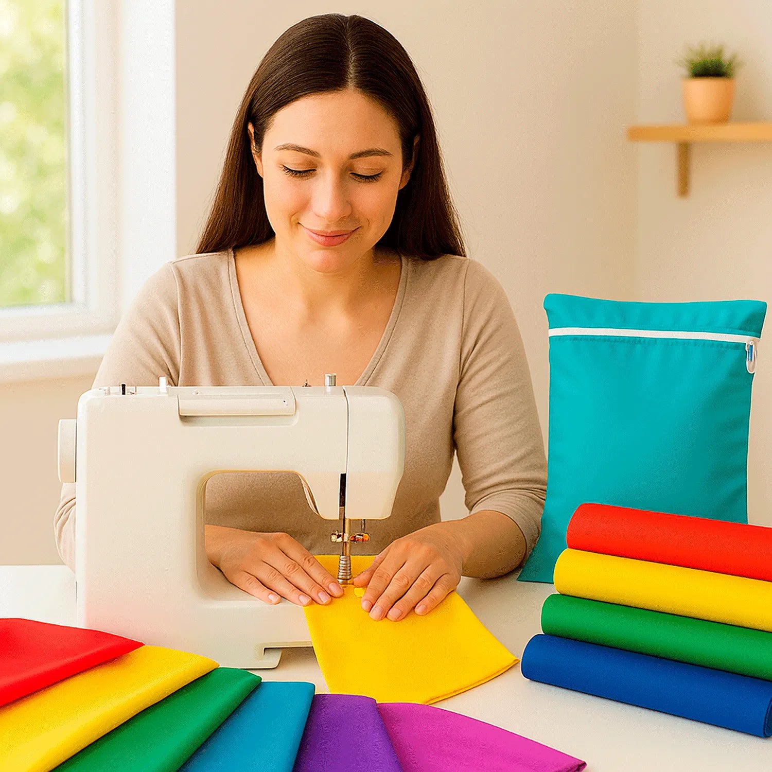 Mamá cosiendo telas PUL unicolor en tonos verde, rojo, amarillo, celeste, azul y morado – Pequelandia