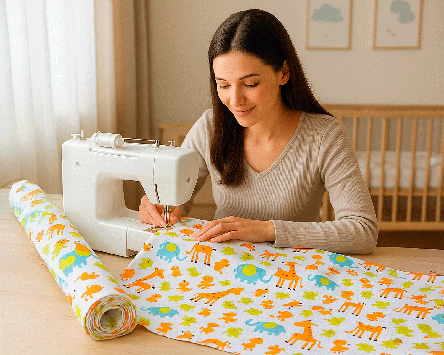 Mamá cosiendo tela PUL diseño Jirafa y Pollito en máquina de coser – Pequelandia