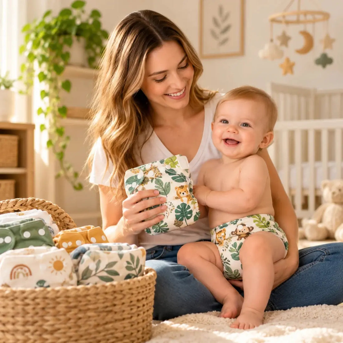 Mamá junto a su bebé sonriente con pañal ecológico de tela, rodeados de pañales reutilizables