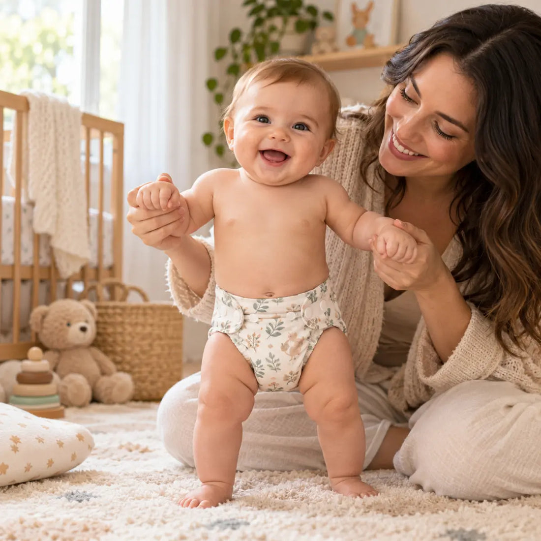Bebé sonriente usando un pañal ecológico de tela con estampado de hojas, acompañado por su mamá en una habitación infantil.