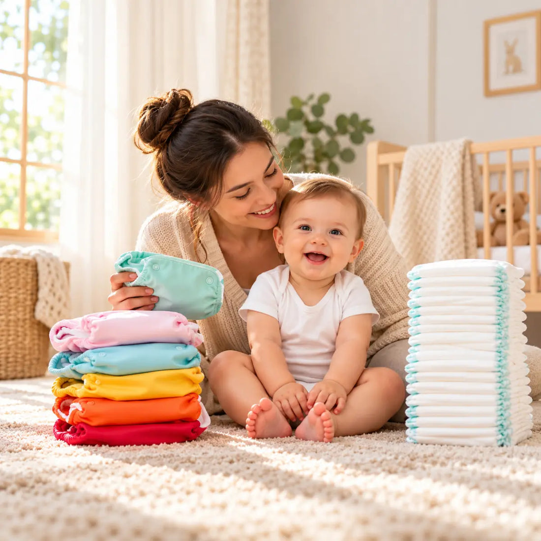 Mamá con su bebé junto a pañales ecológicos de tela de colores y una pila de pañales desechables, comparando ambas alternativas.