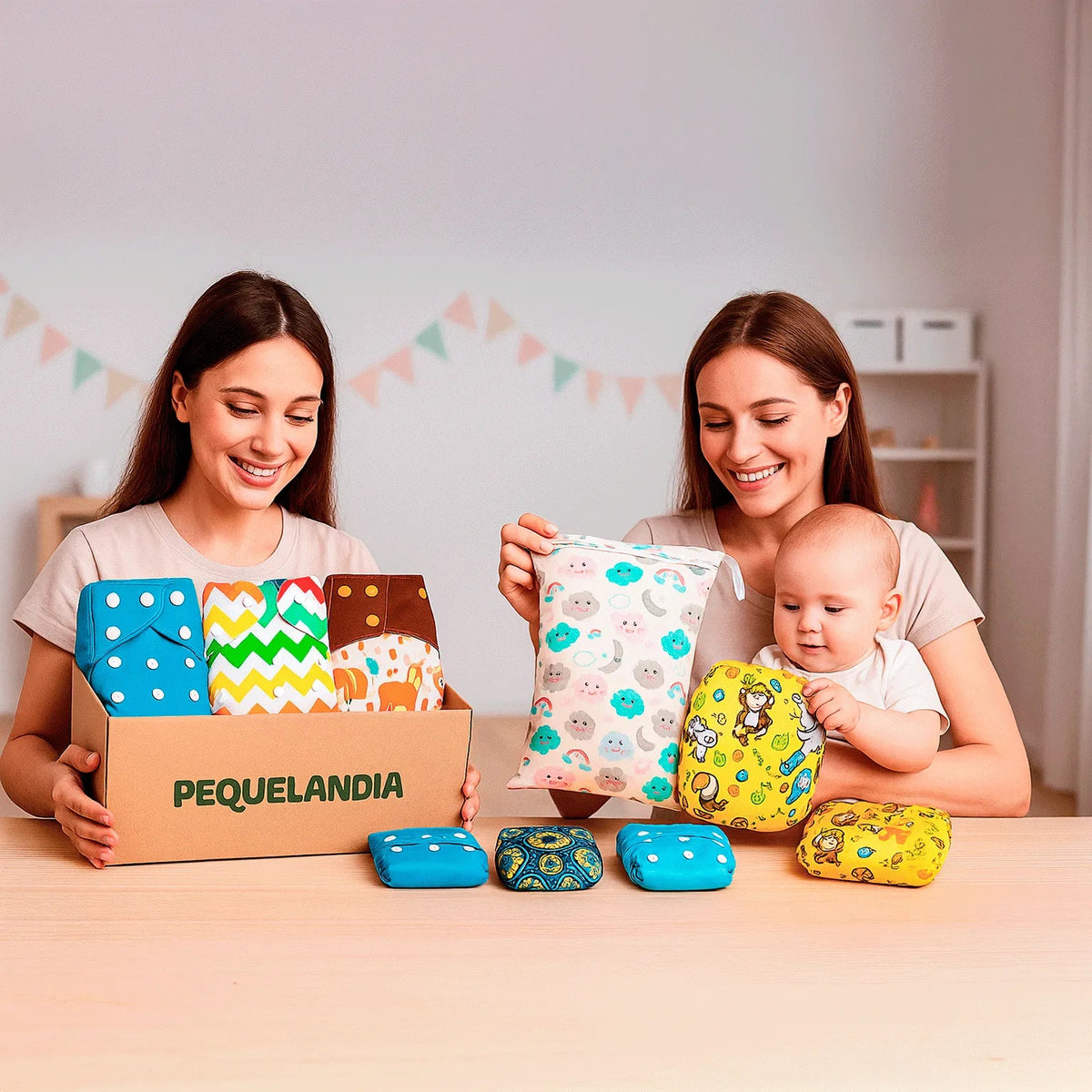 Mamás con bebé mostrando pañales ecológicos y wetbag sobre una mesa, ideal para packs y regalos sustentables Pequelandia.