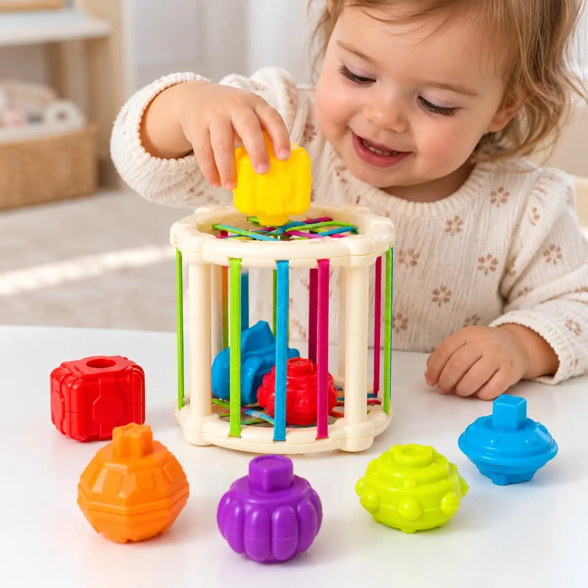 Bebé jugando con cilindro de encaje y piezas de colores