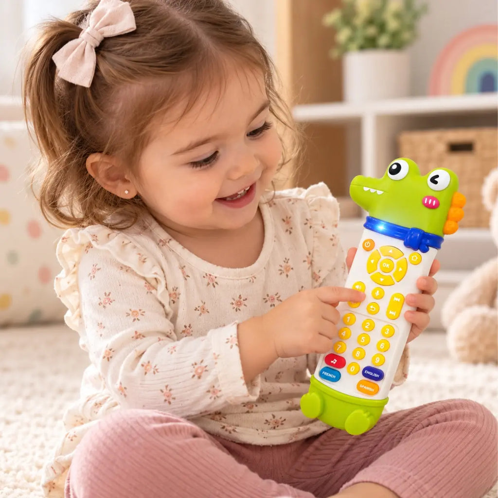 Niña jugando con control remoto didáctico cocodrilo