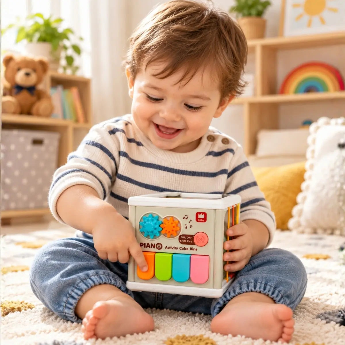 Bebé jugando con cubo musical de actividades