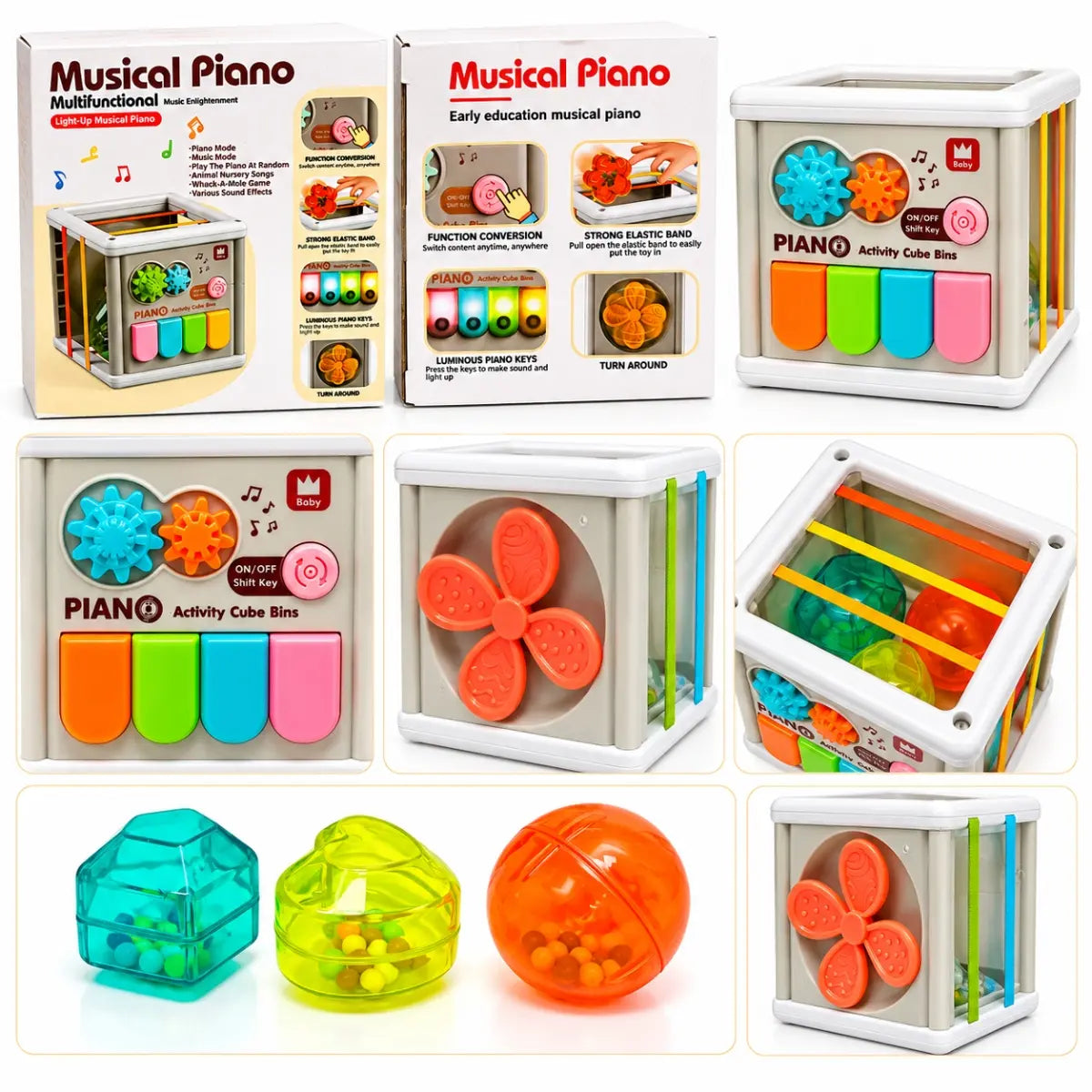 Cubo musical de actividades para bebé con piano, engranajes y funciones