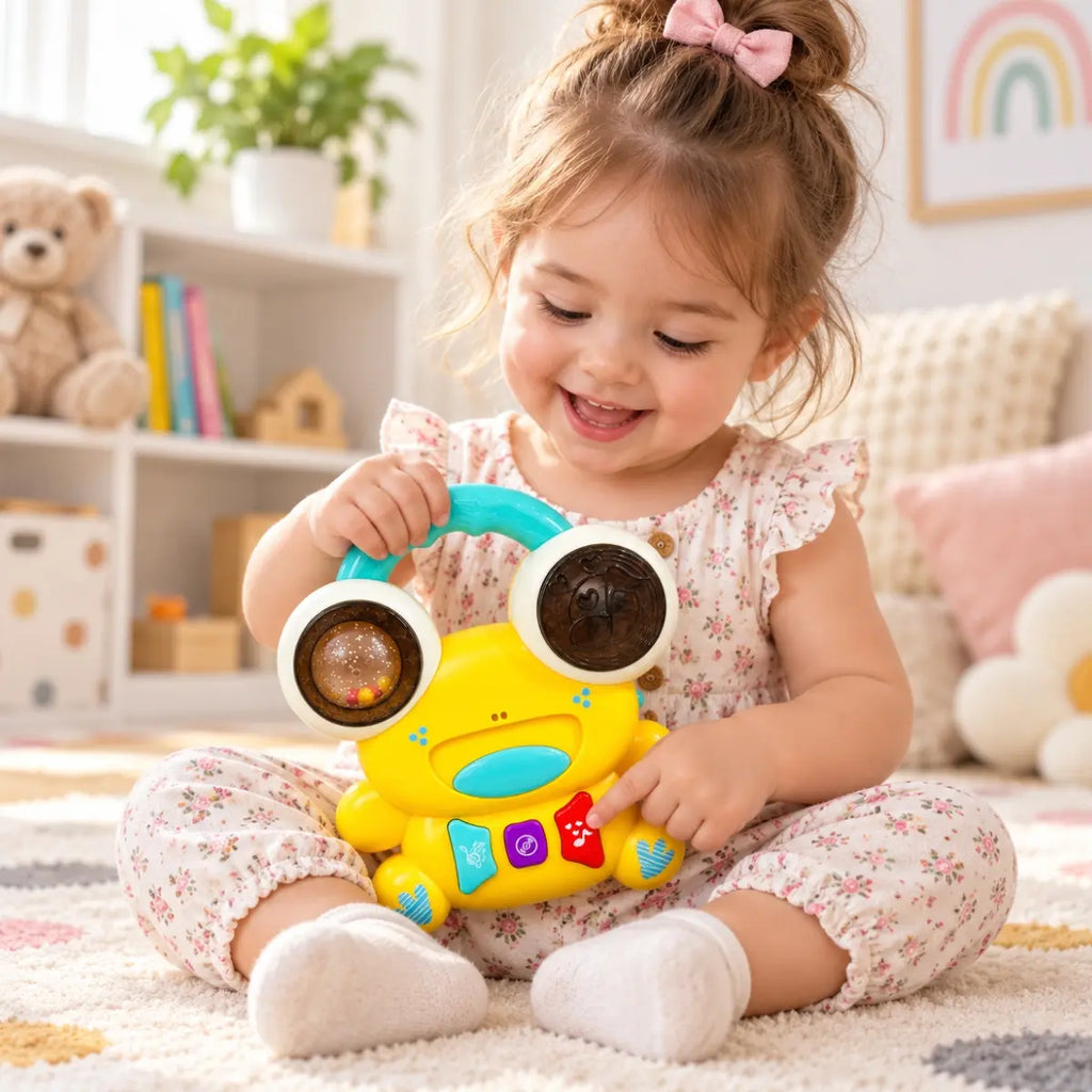 Niña jugando con juguete musical rana Chimstar