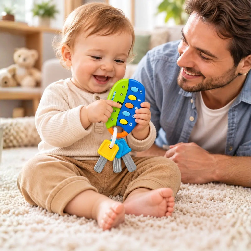 Bebé jugando con llavero musical Smart Remote Kaichi junto a su papá