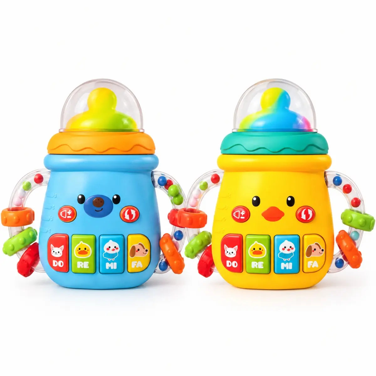 Mamadera musical mordedor para bebé en colores celeste y amarillo
