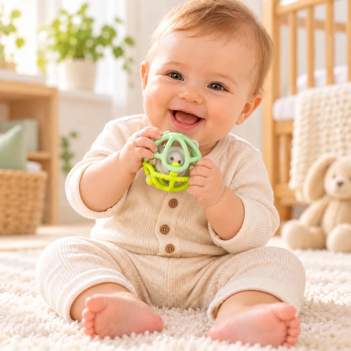 Bebé jugando con mordedor pelota de silicona con cascabel