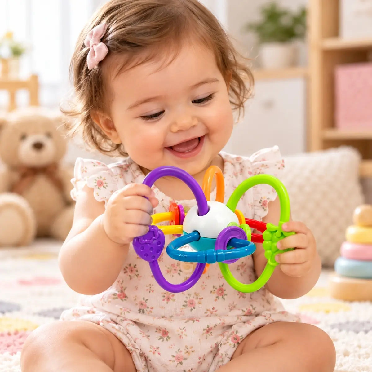 Bebé jugando con mordedor sensorial Huanger con aros