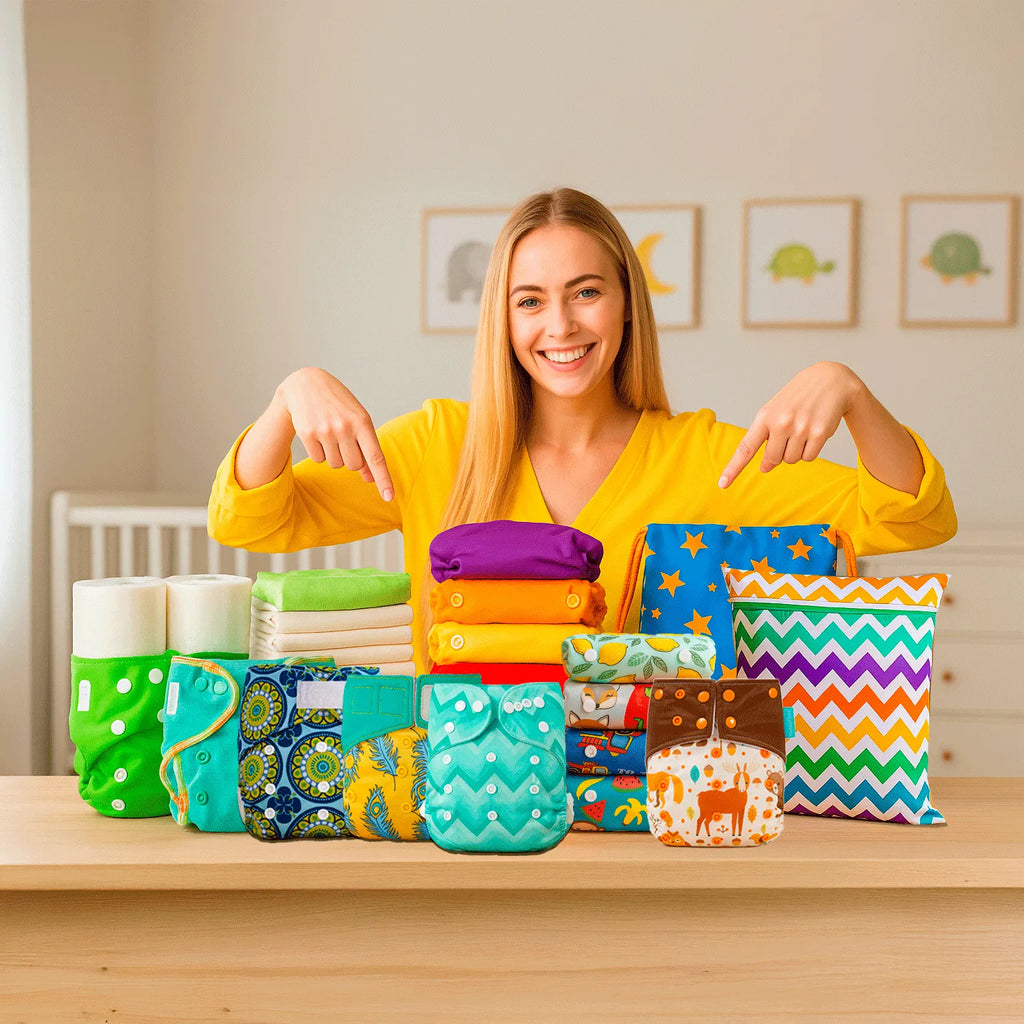 Pack 18 Pañales Pequelandia con pañales de tela reutilizables, wetbags, papel bambú, insertos y bolsa morral, presentados sobre mesa con mamá sonriente.
