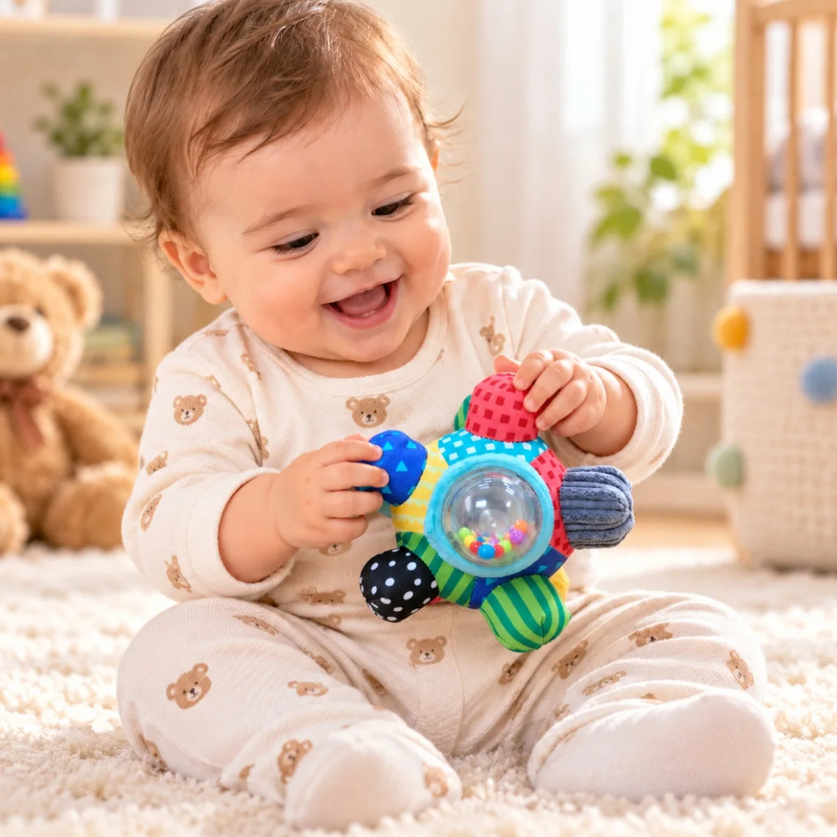 Bebé jugando con pelota sensorial de tela con sonajero