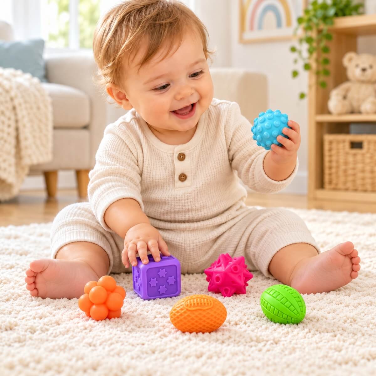 Bebé jugando con pelotas sensoriales texturizadas