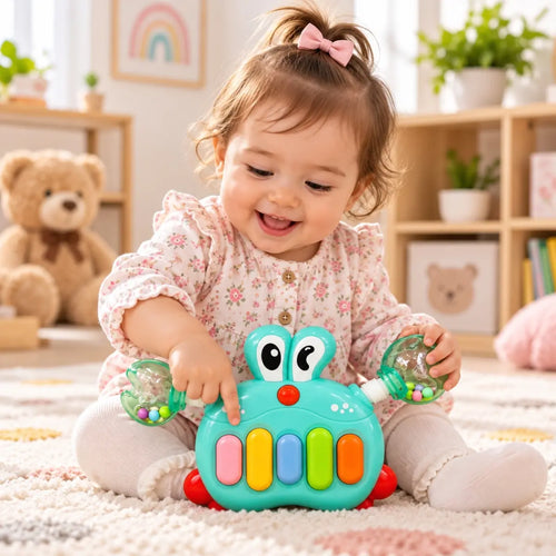 Bebé jugando con piano didáctico cangrejo JDL