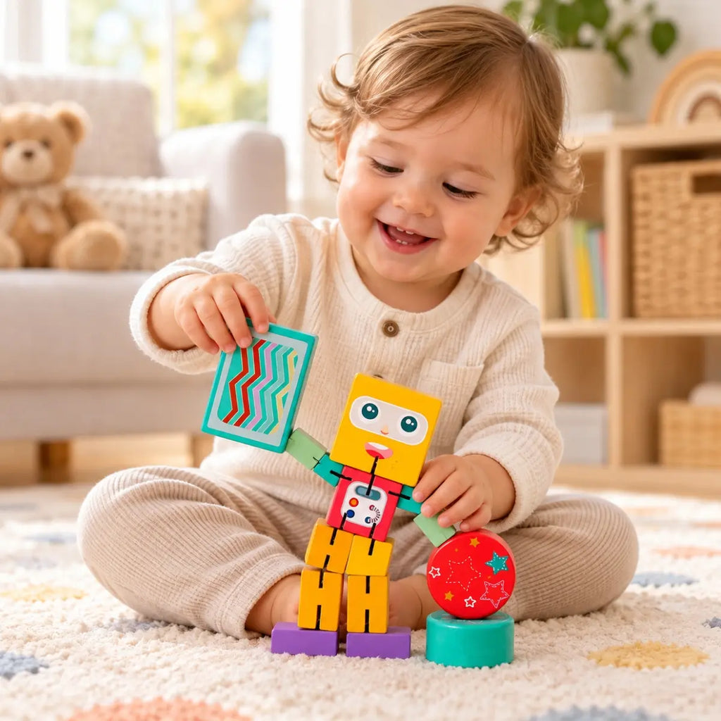 Niño jugando con robot de bloques de madera