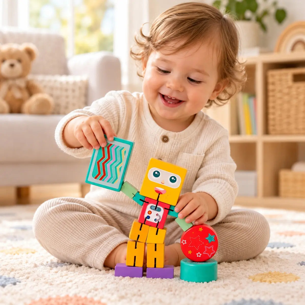 Niño jugando con robot de bloques de madera