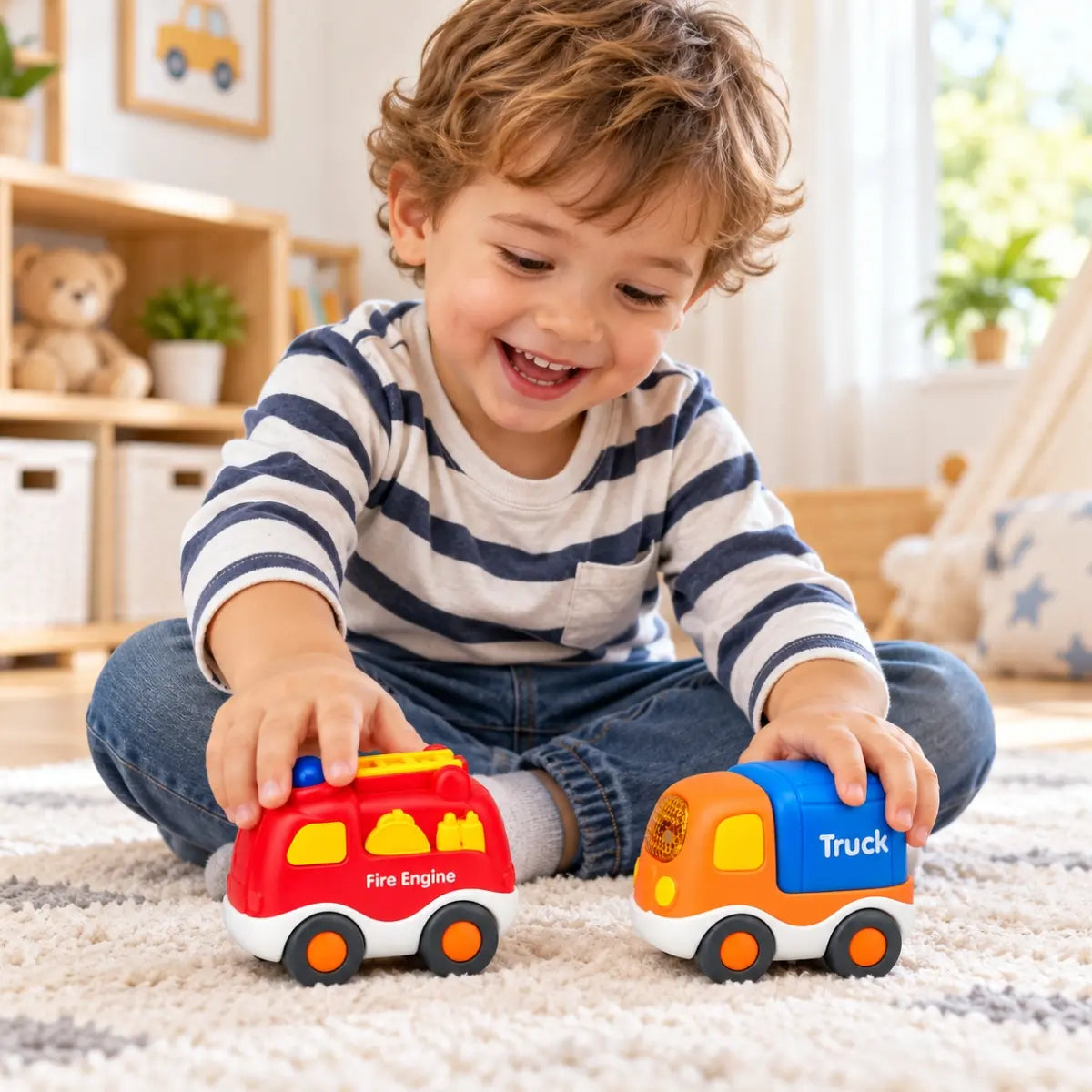 Niño jugando con set de 2 autitos a fricción