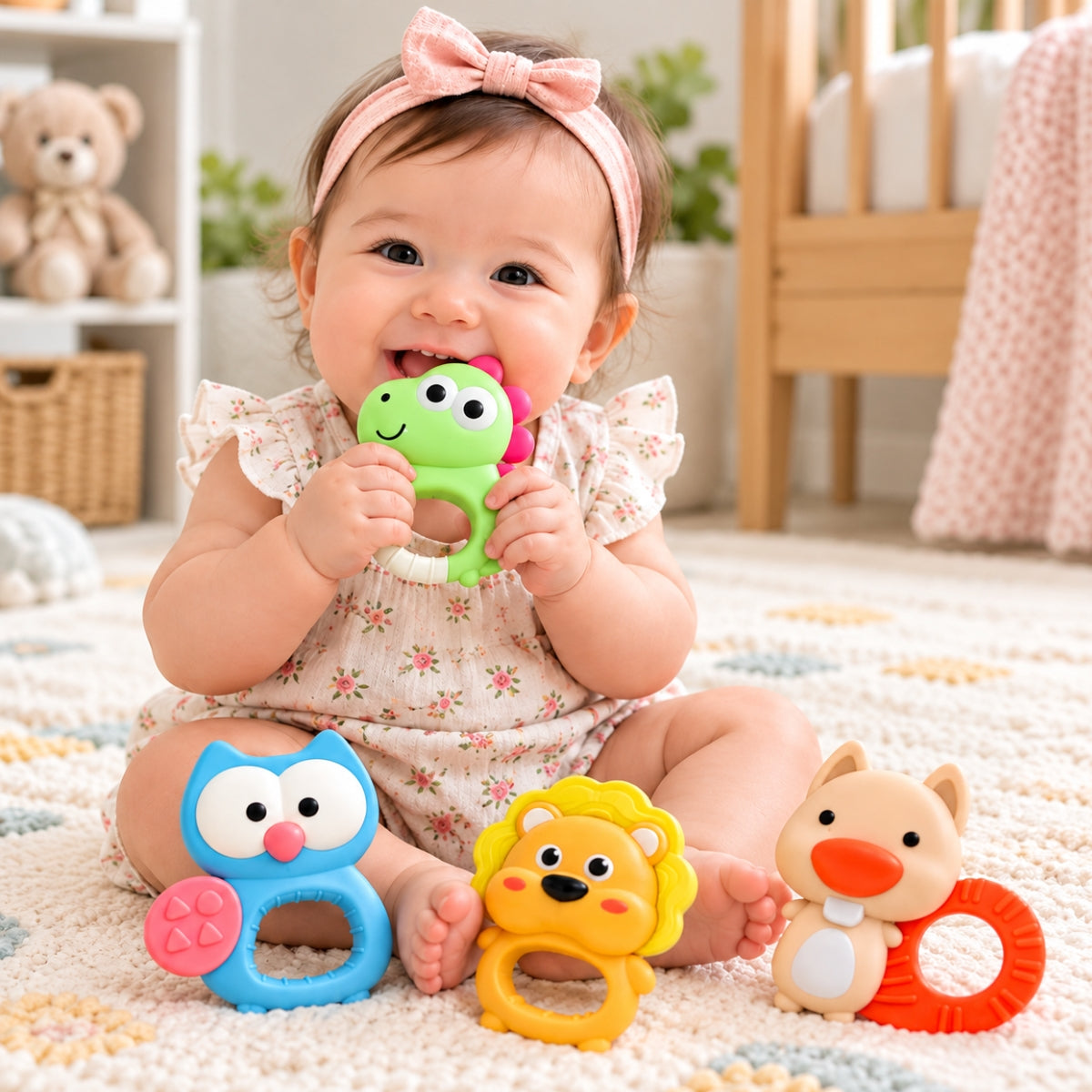 Bebé jugando con set de mordedores de animalitos Aiyingle