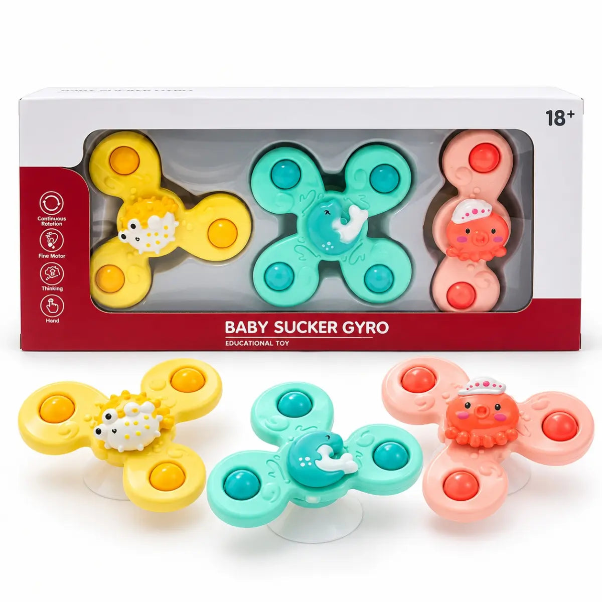 Set de 3 spinners con ventosa diseño marino para bebé en caja