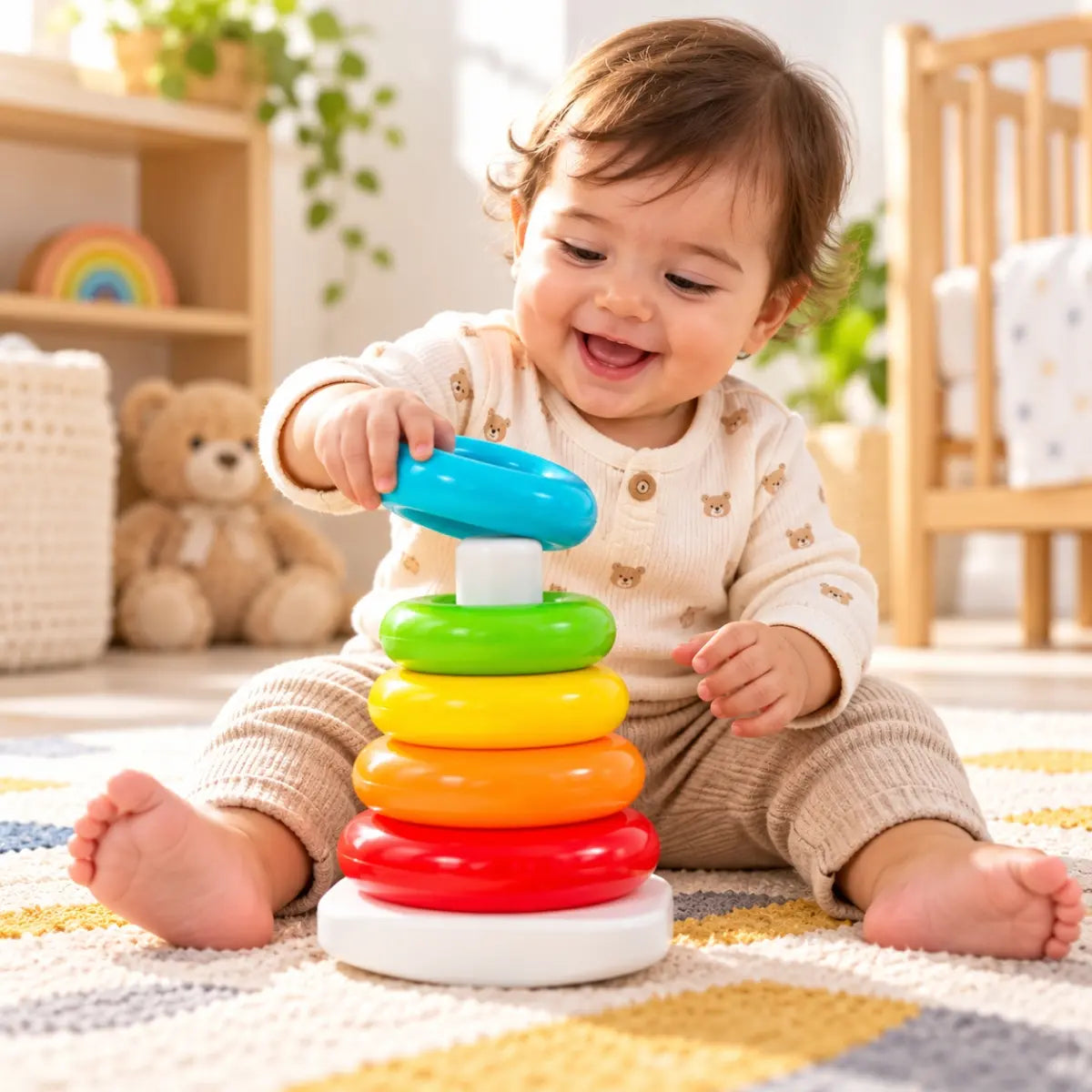 Bebé jugando con torre apilable tipo dona Tiibaby